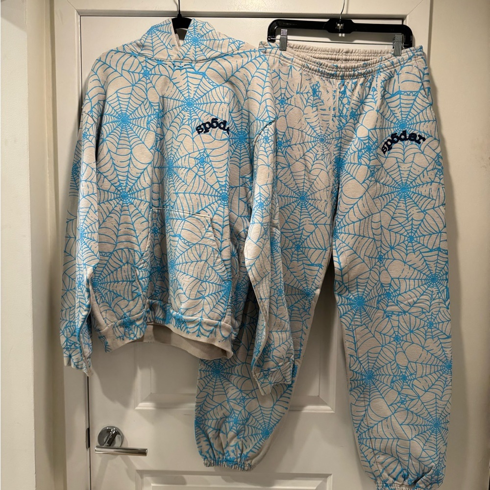 Sp5der AOP Web Heather Grey and Light Blue Hoodie and Sweatpants